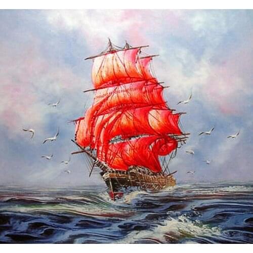 Full Square Diamond Embroidery Cross Stitch Wall Decoration People Sailboat And Sea of picture view