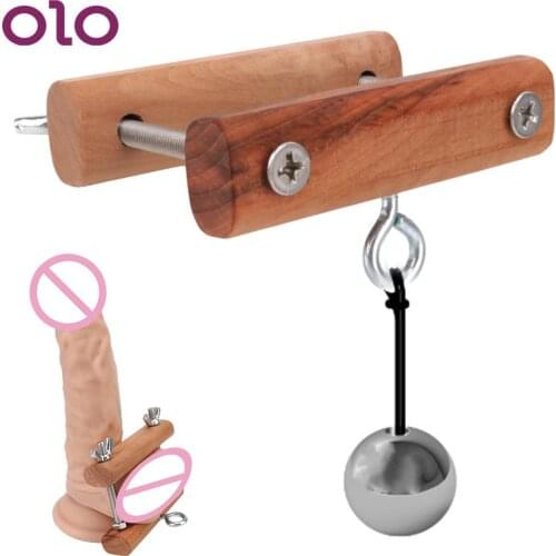 Stretcher Metal Ball Male Sex Toys Testicle Crusher Scrotum Pendant Ball Penis Rings Clamp Male Penis Training Wooden