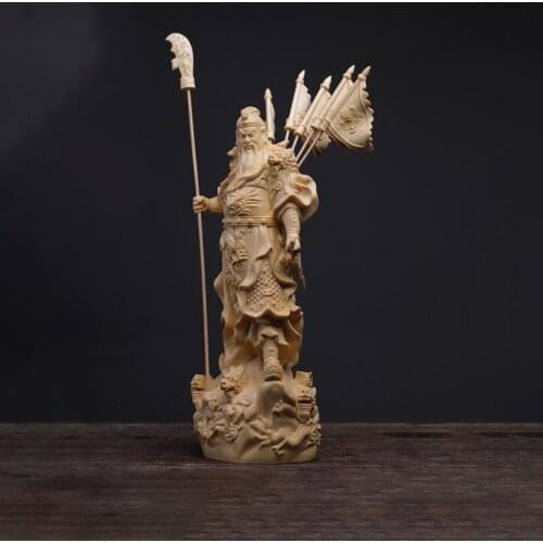 Boxwood 20cm Guanyu Sculpture Three Kingdoms Wood Carving Statue Collection Wealth God Five Flags Guan Gong Feng Shui Home Decor