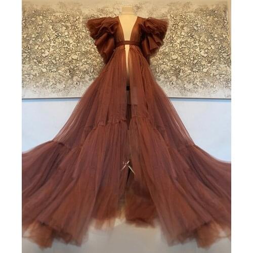 Sexy Bridal Maternity Robes Ruffled Short Sleeve Floor Length Long Tulle Sheer Party Dress For Photo Shoot Custom Made