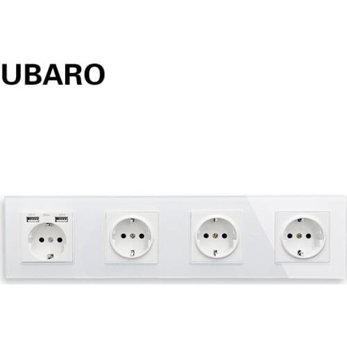 UBARO 344*86mm German Standard Tempered Crystal Glass Panel Wall Socket With Usb 5V 2A Power For Phone Sockets Ac110-250V 16A