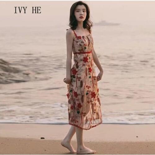 IVY HE High Quality Summer Dress Woman Clothing Gauze Embroidery Holiday Midi Long Suspender Dress Traf Robe ZA Party Dresses
