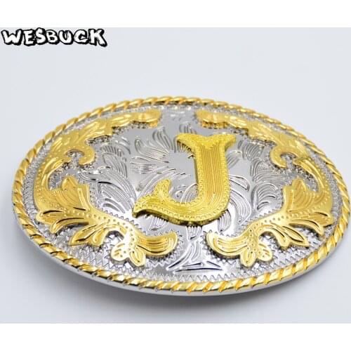 WesBuck Brand Oval 3D Lace Gold J Initial Letter Cowboy Belt Buckle With Metal Fashion Mens PU Leather Belt Holiday Gifts
