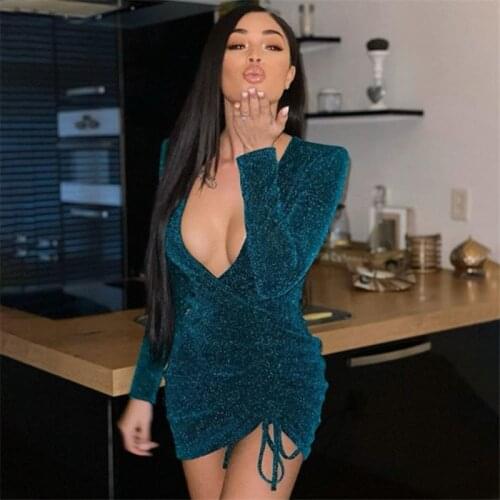 WJFZQM glitter wrap sexy v neck pleated long sleeve dress skater ruched mini party dress women solid autumn club dresses women