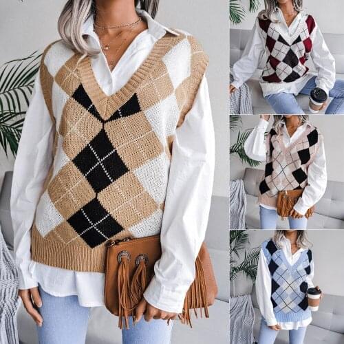 Y2K Autumn Adults Casual Sleeveless Argyle Pattern V-neck Sweater Pullover Womens Sweater Sweatshirt Color Block Knit Vest