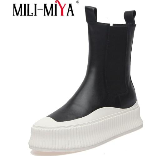 MILI-MIYA Autumn Fashion Chelsea Ankle Boots Flat Platform Chunky Heels Women High Quality Leather Round Toe Casual Wild Shoes