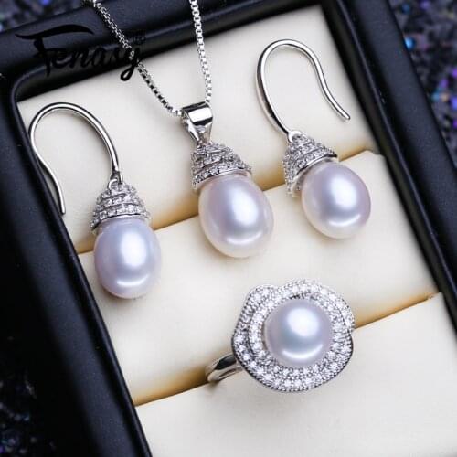 FENASY 925 Sterling Silver Jewelry Sets Natural Pearl Drop Earrings Necklace Luxury Pendant Chain Necklaces For Women Ring Set
