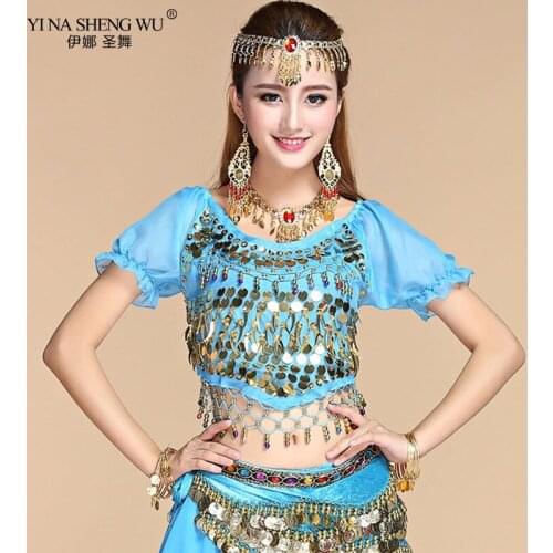 Womens Belly Dance Costume Tops Gold Coins Chiffon Lantern Short Sleeves Top&tees Indian Clothing Belly Dancing Practice Top