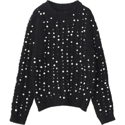 Womens Sweater Autumn Winter Full Body Beaded Outerwear Loose Pullover High Quality All-Matching Top Black White Knitted Jumper