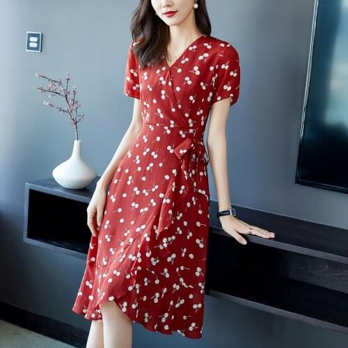 100% Natural Silk Women Summer Dresses Elegant Fashion V-neck Short Sleeve Print High-waist Pure Real Silk Lady Long Tea Dress