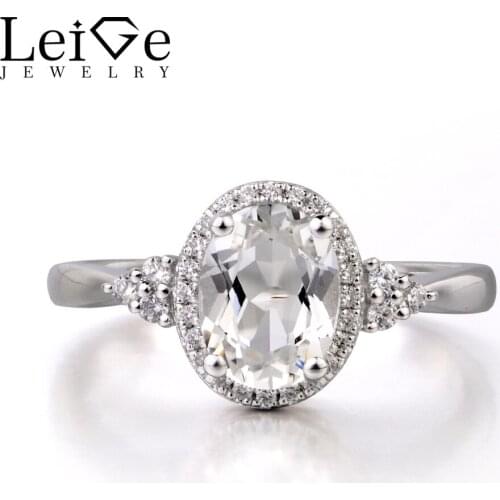 Leige Jewelry White Topaz Solid 925 Sterling Silver Ring Fine Gemstone Birthstone Oval Cut Engagement Wedding Ring for Her
