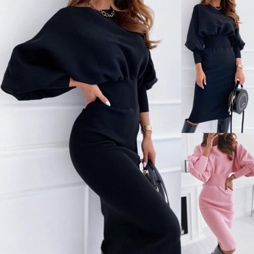 2020 Fashion Women Autumn O Neck Long Sleeve Waist Tight Bodycon Knee-length Dress Womens Clothing женское платье vestidos
