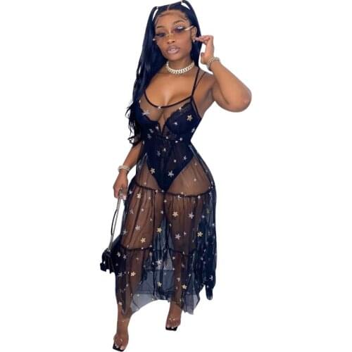 Soniaox Women Dress Mesh See-through Sleeveless Strap O-neck Sequins Loose Long Maxi Dresses Sexy Outfit Summer New Fashion 2021