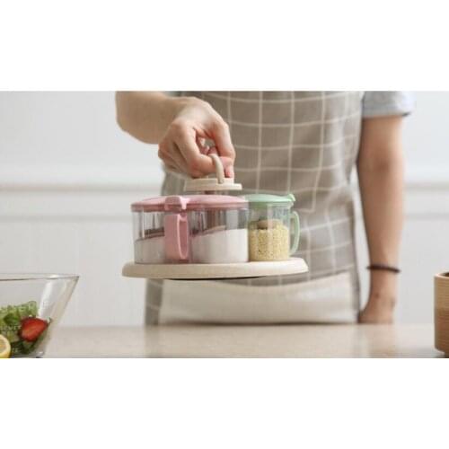 1SET Wheat Straw Rotating Seasoning Jar Three-in-one Combination Seasoning Box Set Kitchen Supplies Salt Storage Bottle JO 1077