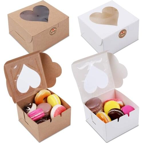20pcs White and Brown Bakery Boxes with Heart Shaped Window, Gift Packaging Container for Pastries, Cookies, Small Cakes, Donuts