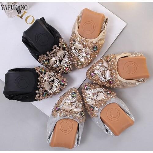 Soft Sole Foldable Women Ballet Flats Luxury Rhinestone Ladies Shoes Big Size 43 44 45 Loafers Spring Autumn Shoes Woman