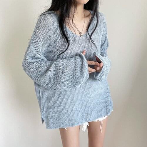 2021 Early Autumn White Blouse Hollow Out Sunscreen Sweater Loose Lady Tops V-neck Sweater Summer Sunscreen Blouse New 15734