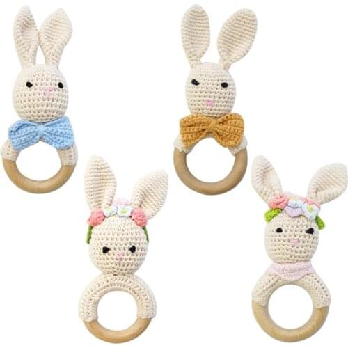 Baby Wooden Teether Ring DIY Crochet Bunny Rattle Soother Bracelet Molar Toys