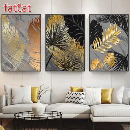 FATCAT Golden abstract leaves diy 5d diamond painting full square round mosaic embroidery triptych kits decoration AE2956