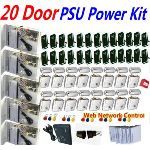 20 Door PSU Metal/Wood Door Access controller Web Remote control+PC Software Web IP browser+machine Lock+16 EMID card reader kit