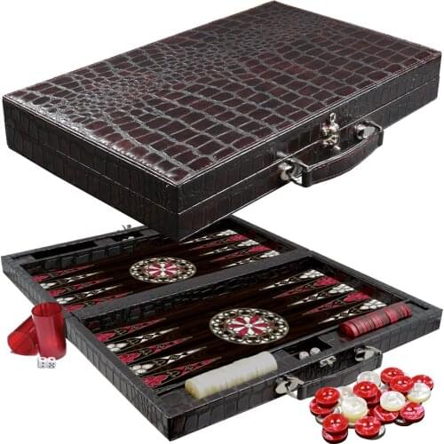Backgammon Leather Luxury Board Wooden Set XXL Brown Leather with Handle Checkers Family Party Adult Entertainment Games