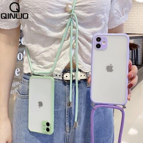 Matte Case+Hang Neck Shoulder Strap For iPhone 11 Pro Max XS X XR 8 7 Plus SE 2020 Crossbody Lanyard Rope Transparent Soft Cover