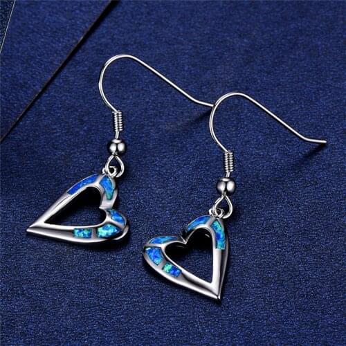 Cute White Blue Opal Stone Drop Earrings Female Love Heart Wedding Earrings Fashion Silver Color Bride Double Earrings For Women