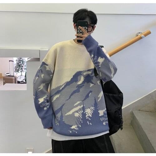 Men Sweater Streetwear Mountain Tree Pattern Hip Hop Autumn New Pullover Spandex O-neck Oversize Couple Casual Mens Sweaters