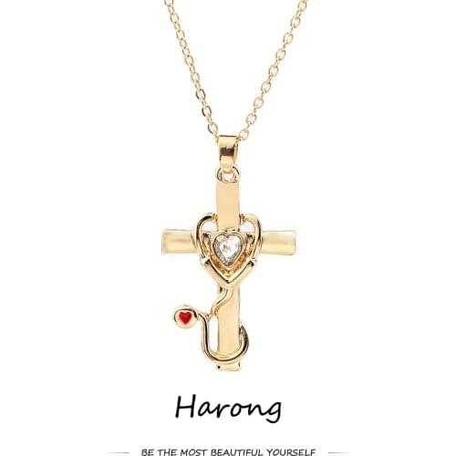 Harong Classic Cross Heart-shaped Stethoscope Pendant Necklace Crystal Charm Silver Plated Chain Medical Necklaces for Women