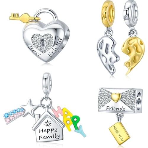 BISAER 925 Sterling Silver Plated Gold Platinum Heart Family Charms for Original Charms Bracelet Bangle DIY Fine Jewelry EFC465