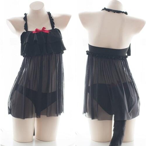 Black Cat Tail Sexy Cute Womens Transparent Dress Mini Short Dress with Panties Exotic Apparel