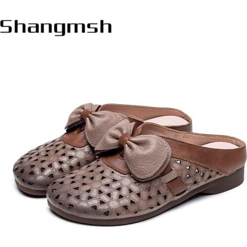 Retro Flowers Flip Flops Women 2020 Summer Genuine Leather Slippers Women Wedges Shoes Woman 2110
