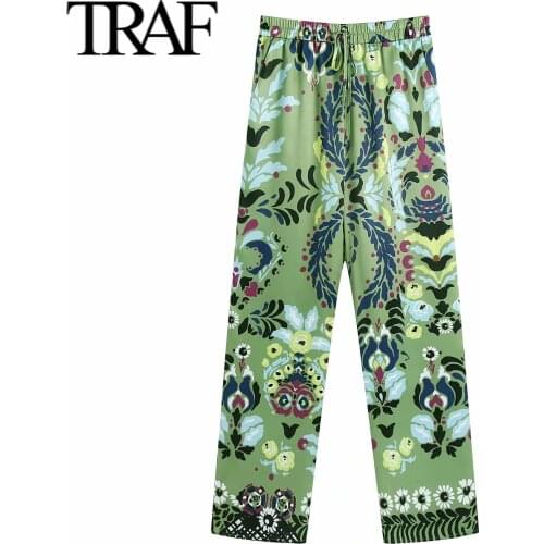 Traf Za side pocket fashion retro print drop casual pants high elastic waist straight pants womens pants
