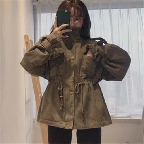 2019 Spring And Autumn Fashion New Retro Tooling Loose Casual Pocket Waist Long Sleeve Loose Windbreaker Jacket Female H00869