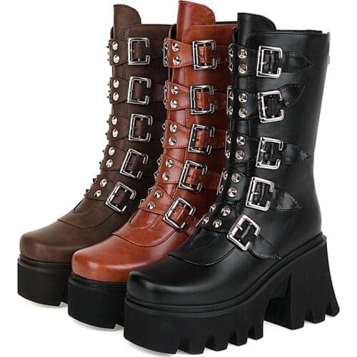2021 Black Brown Yellow Women Motorcycle Boots Fashion Zipper Square High Heel Ankle Boots Ladies Round Toe Buckle Winter Shoes