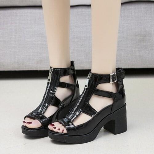 LLOGAI Nice New Women Sandals SummerHigh Heels Shoes Zipper Pu Leather Rome Gladiator Shoes Slippers Desiger Wedding Party Pumps