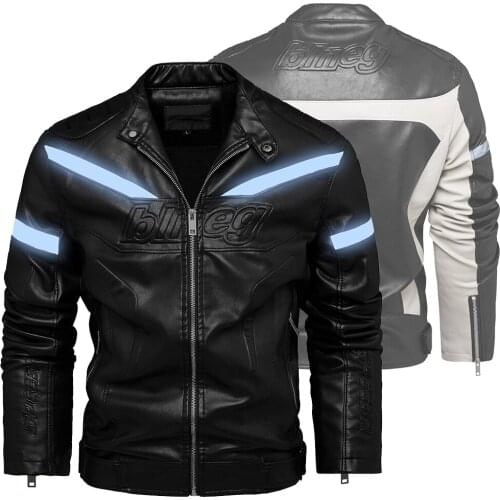 Winter Mens Leather Motorcycle Jacket New Fashion Patchwork Reflective Strip Men Zipper PU Jackets Outwear Overcoat Windbreaker