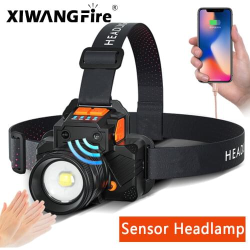 Zoom LED Sensor Headlamp T6 Headlight USB Rechargeable Flashlight Built-in 2 18650 Battery Torch Camping Night Fishing Light