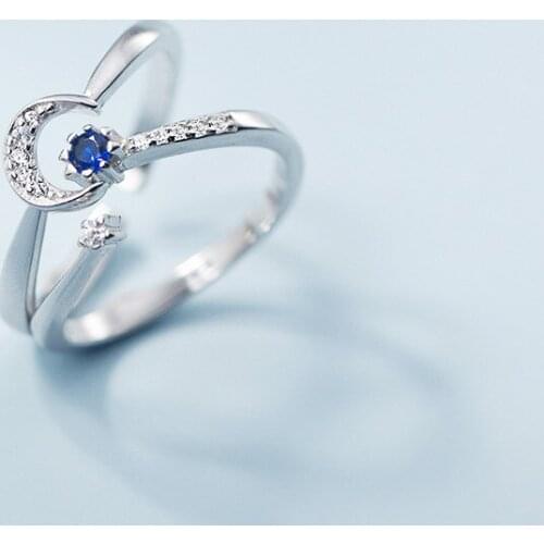 1pcs Trendy Moon Star Round Blue Zirconia 925 Sterling Silver Open Adjustable Rings for Women Engagement Fine Jewelry YRI191