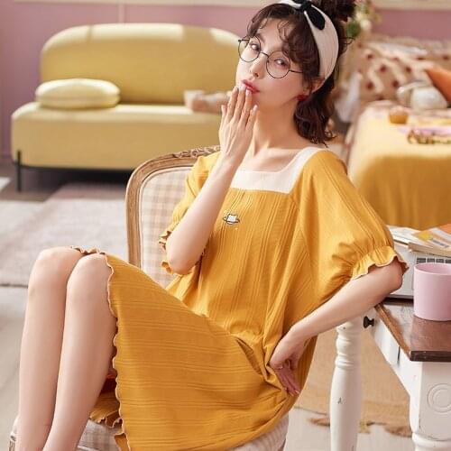 2021 Summer Korean Short Sleeve Cotton Nightgowns for Women Loose Sleepwear Cute Student Night Gown Nightdress Home Dress Nighty