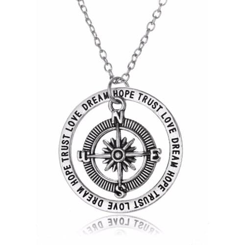 24PC/Lot Creative Compass Pendant Necklace Hope Love Trust Dream Circle Charm Jewelry Women Family BFF Best Friends Party Gifts