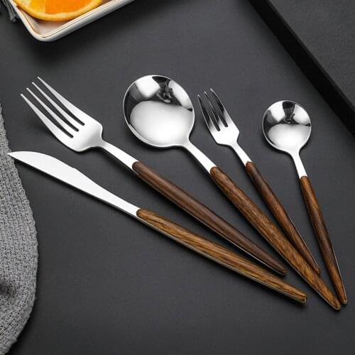 5PCS Metal Spoon Fork Knife Set Gold Silver Stainless Steel Cutlery with Wooden Handle Western Flatware Tableware Dinnerware