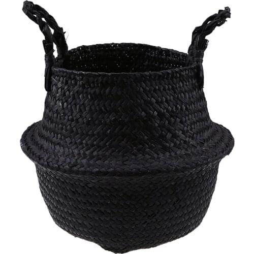 Black Wicker Storage Basket Folding Seagrass Laundary Basket Rattan Fruit Sundries Toys Storage Organizer Eco-Friendly Flowerpot