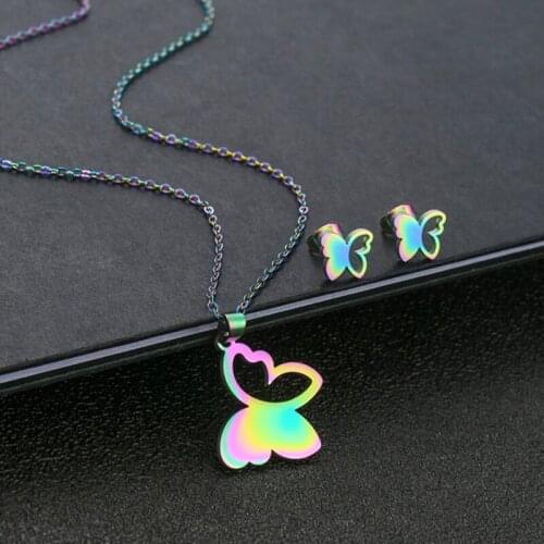 Korean Rainbow Color Butterfly Choker Necklaces for Women Statement Chain Necklace Collar Fashion Animal Earrings 2021 New