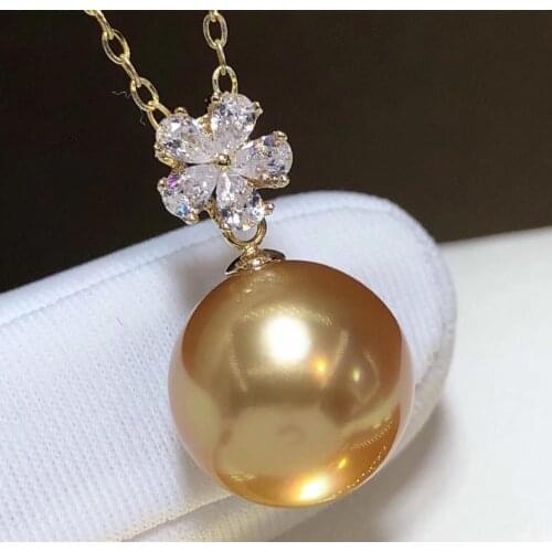 D327 Pearl Pendant Fine Jewelry Solid 18k Yellow Gold Natural 12-13mm Ocean Sea Golden Pearls Pendants Necklaces for Women