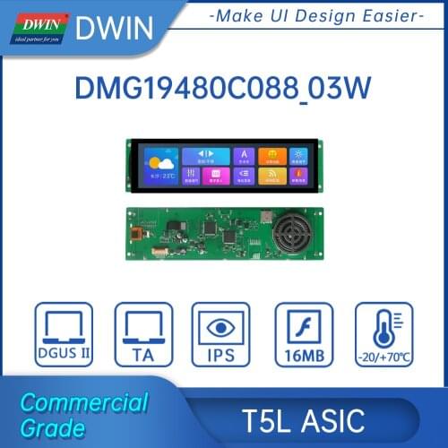 DWIN T5L ASIC HMI Intelligent Display, DMG19480C088_03W 8.8" IPS 1920X480 LCD RS232 Screen Resistive Capacitive Touch Panel
