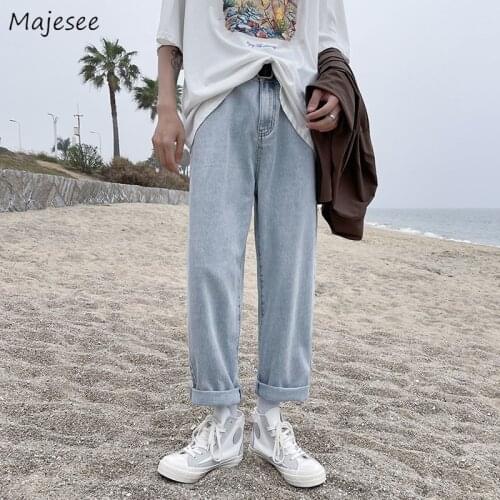 Jeans Men Solid Zipper Fly Mid Waist All-match Baggy Jean Straight Korean Style Stylish Casual Male Chic Oversize Denim Trousers