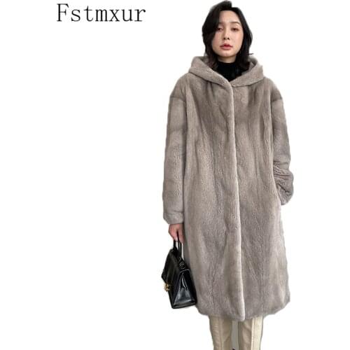 Fstmxur 2021 Update Winter Copenhagen Imports Velvt Mink Fur Coat Womens Jacket Full Sleeve With Fur Hood Long Mink Coats