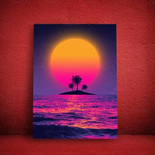 HD Print Sunset Canvas Painting Wall Art Sea Scenery Picture Home Decoration Modular Vaporwave Tree Poster For Living Room Frame