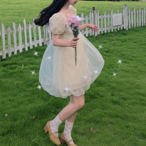 Kawaii Sweet Dress Women Korean Style Cute Princess Bow Lace-up Dress Bubble Sleeve Casual Holiday Party Dress 2021 New